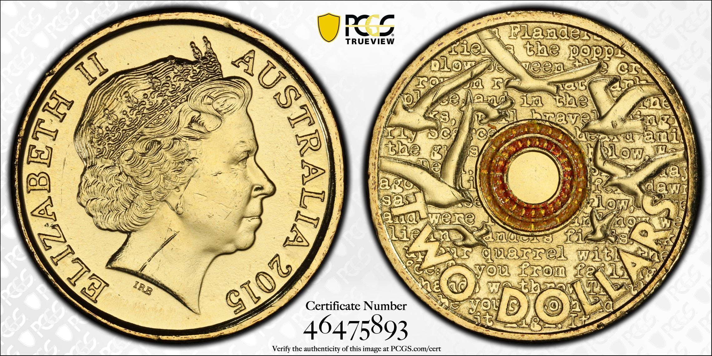 2015 $2 Coloured Remembrance Day Flanders Field PCGS Graded Coin MS64